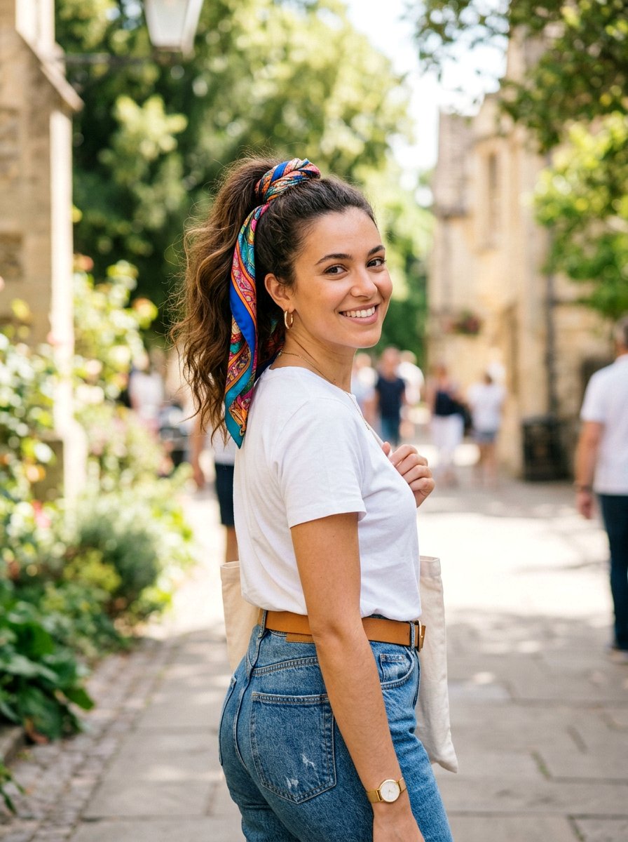 Scarf Wrapped High Ponytail - 20 cute hairstyle for shopping day - 20 cute hairstyle for shopping day