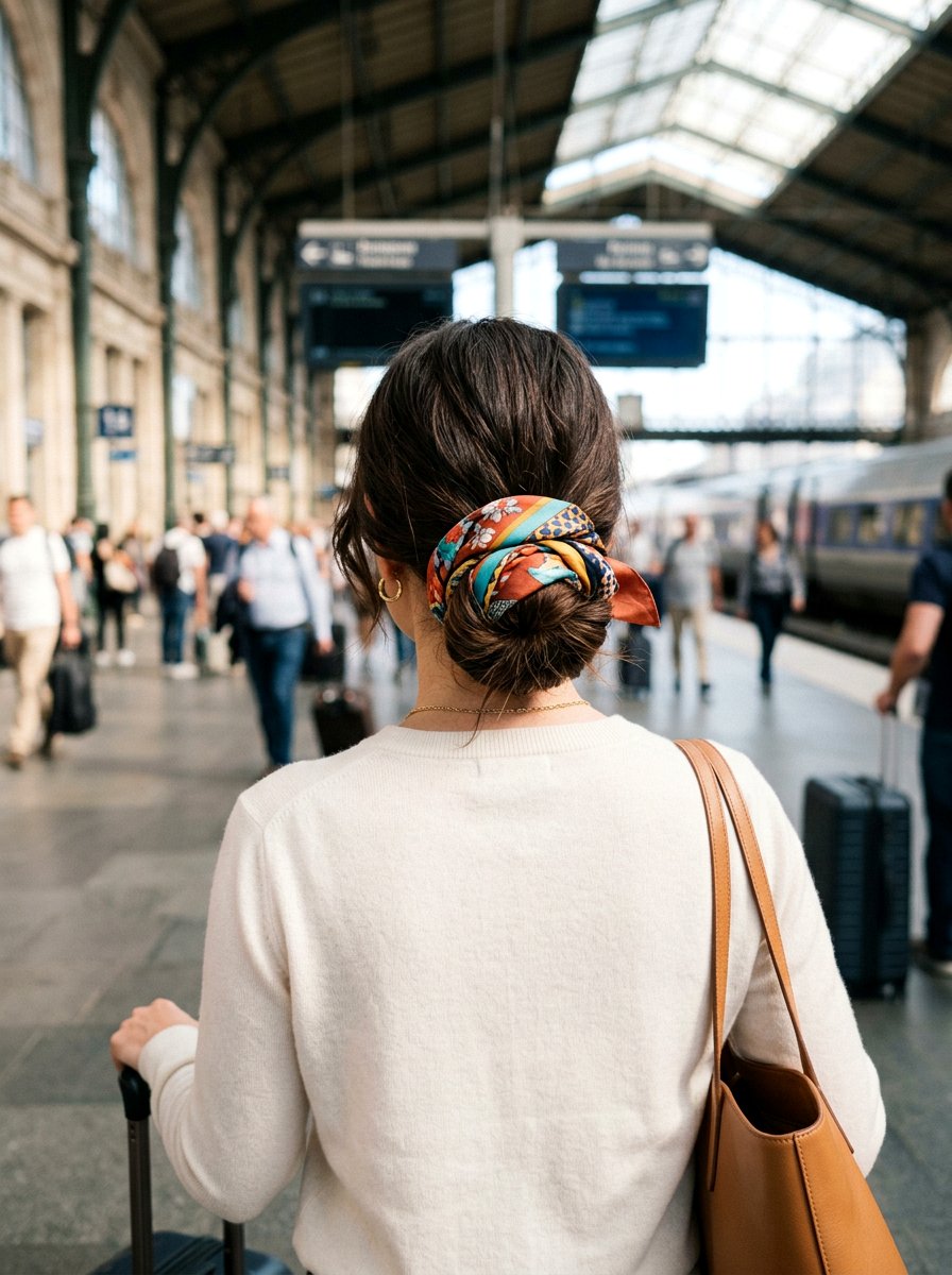 Scarf Wrapped Low Bun - 20 vacation hairstyle for airplane travel - 20 vacation hairstyle for airplane travel