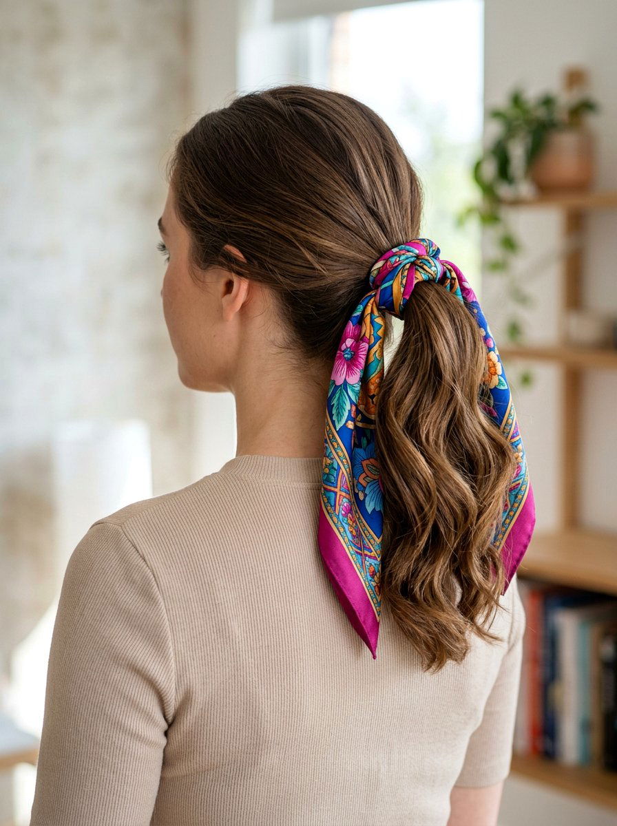 Scarf Wrapped Ponytail - 20 lazy heatless hairstyles for mornings - 20 lazy heatless hairstyles for mornings