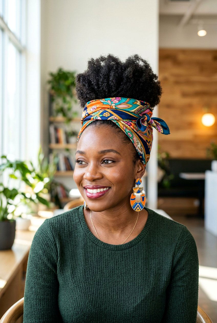 Scarf Wrapped Puff - 20 sleek puff hairstyle for natural hair - 20 sleek puff hairstyle for natural hair