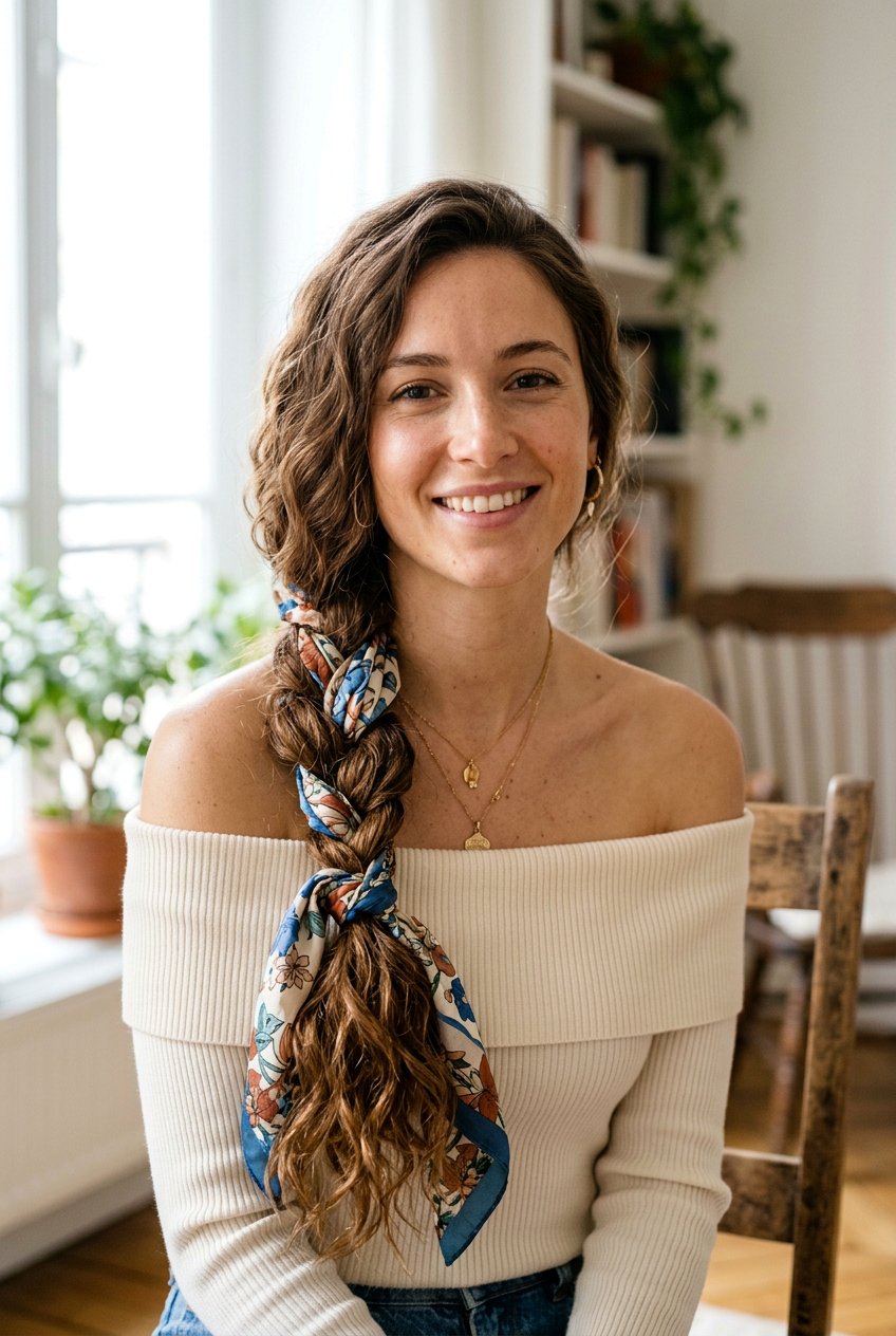 Scarf Wrapped Side Braid - 20 braided scarf hairstyle - 20 braided scarf hairstyle