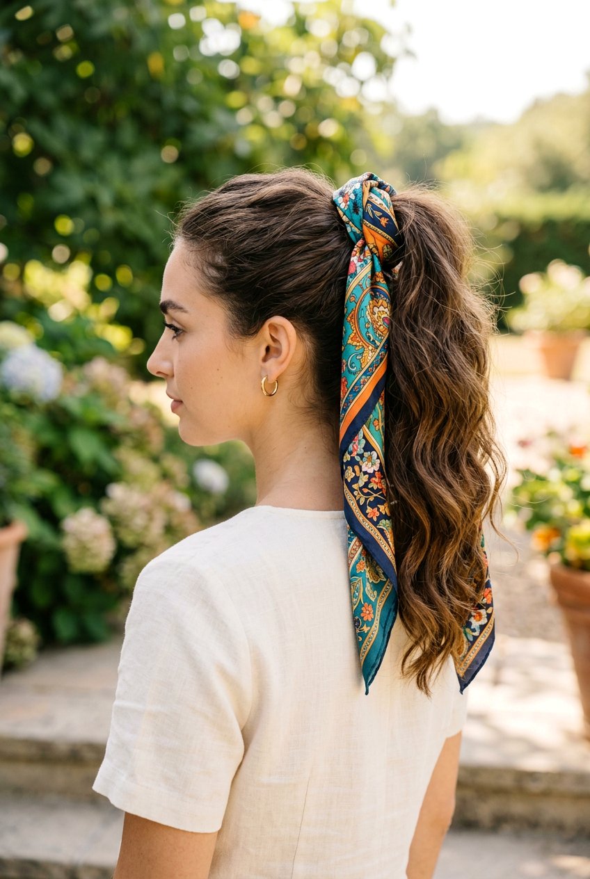 Scarf ponytail - 20 back to school hairstyles for long hair - 20 back to school hairstyles for long hair