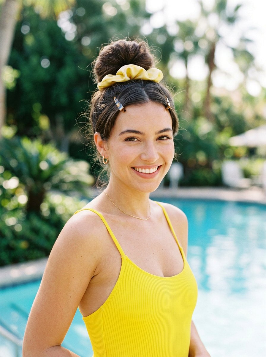 Scrunchie Bun With Bangs Pulled Back - 20 pool day bun hairstyle - 20 pool day bun hairstyle