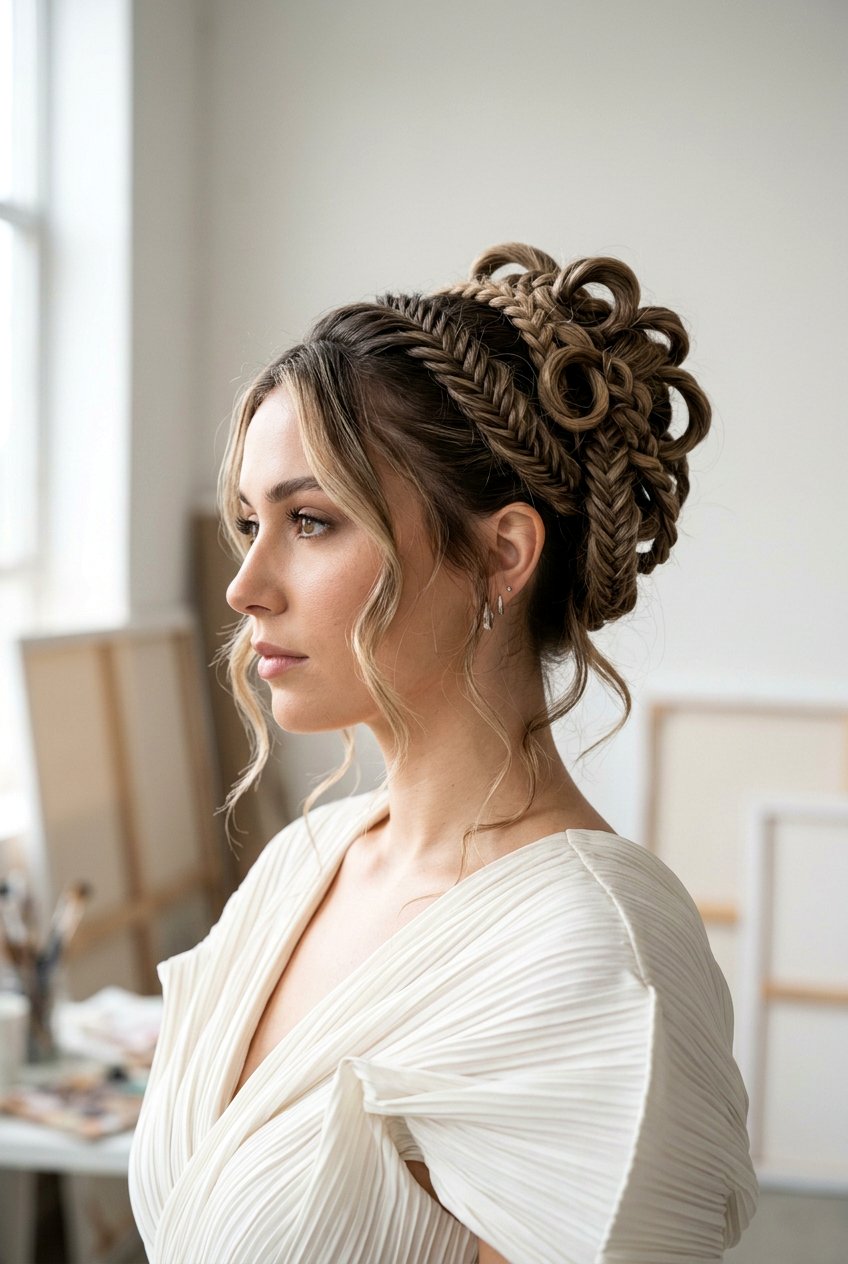 Sculptural Braided Bun With Loose Tendrils - 20 braided bun with face framing strands - 20 braided bun with face framing strands