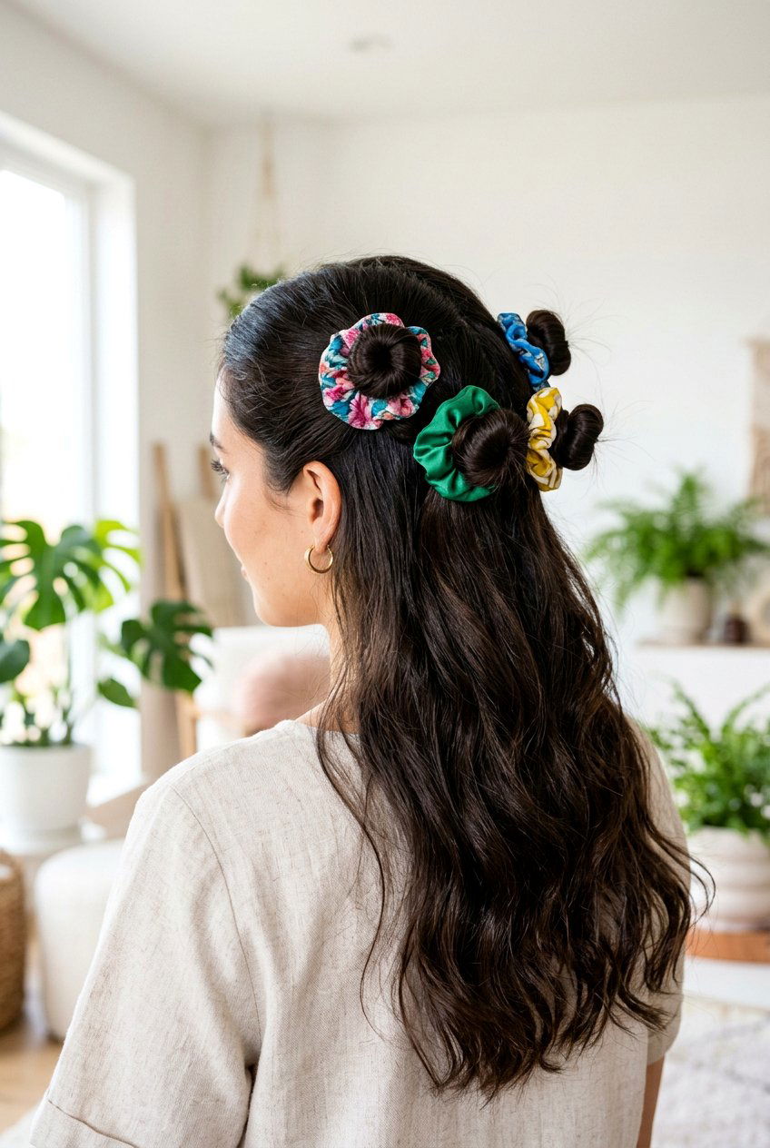 Scunchie Multi Buns - 20 easy overnight hairstyles for long hair - 20 easy overnight hairstyles for long hair