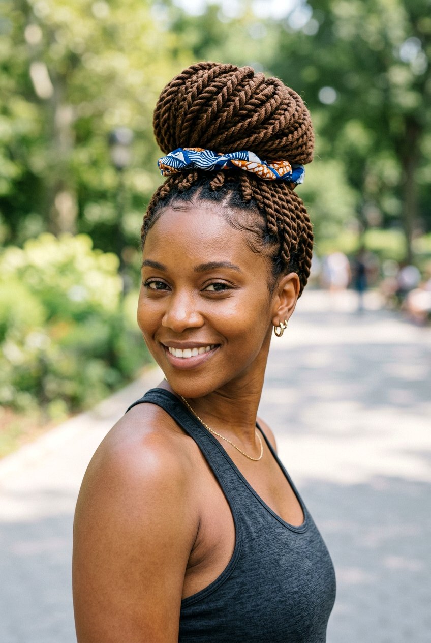Senegalese Twist Bun - 20 gym protective styles for natural hair - 20 gym protective styles for natural hair