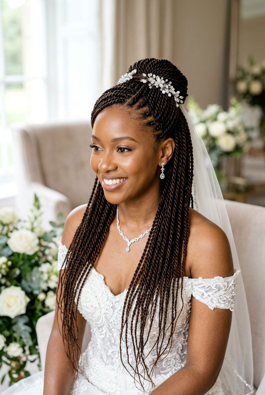 Senegalese Twist Half Up Half Down - 20 bridal braid styles for black women - 20 bridal braid styles for black women