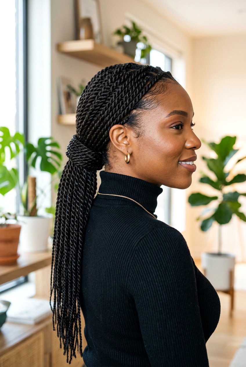 Senegalese Twists Low Ponytail - 20 office friendly braided hairstyles for black women - 20 office friendly braided hairstyles for black women