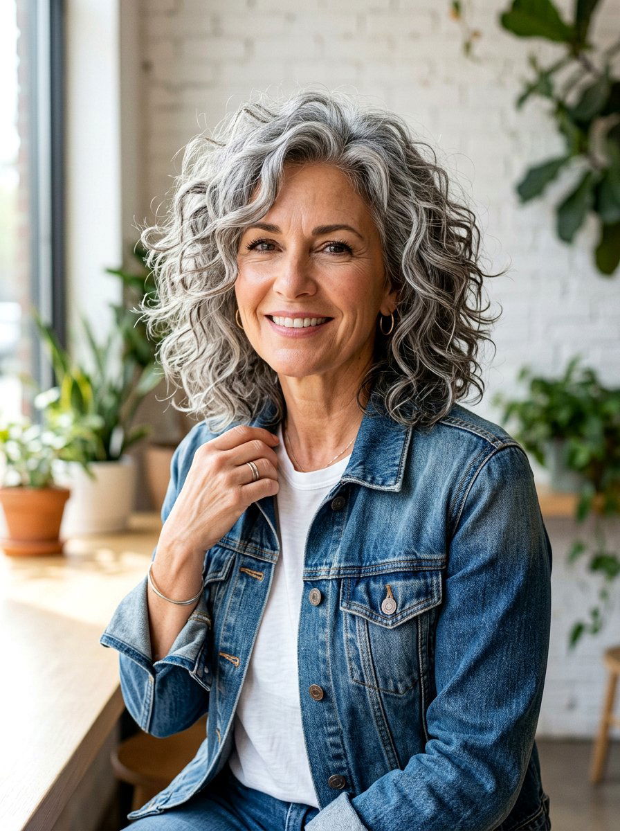 Shaggy Shoulder Length Gray Curls - 20 shoulder length gray curls for older women - 20 shoulder length gray curls for older women