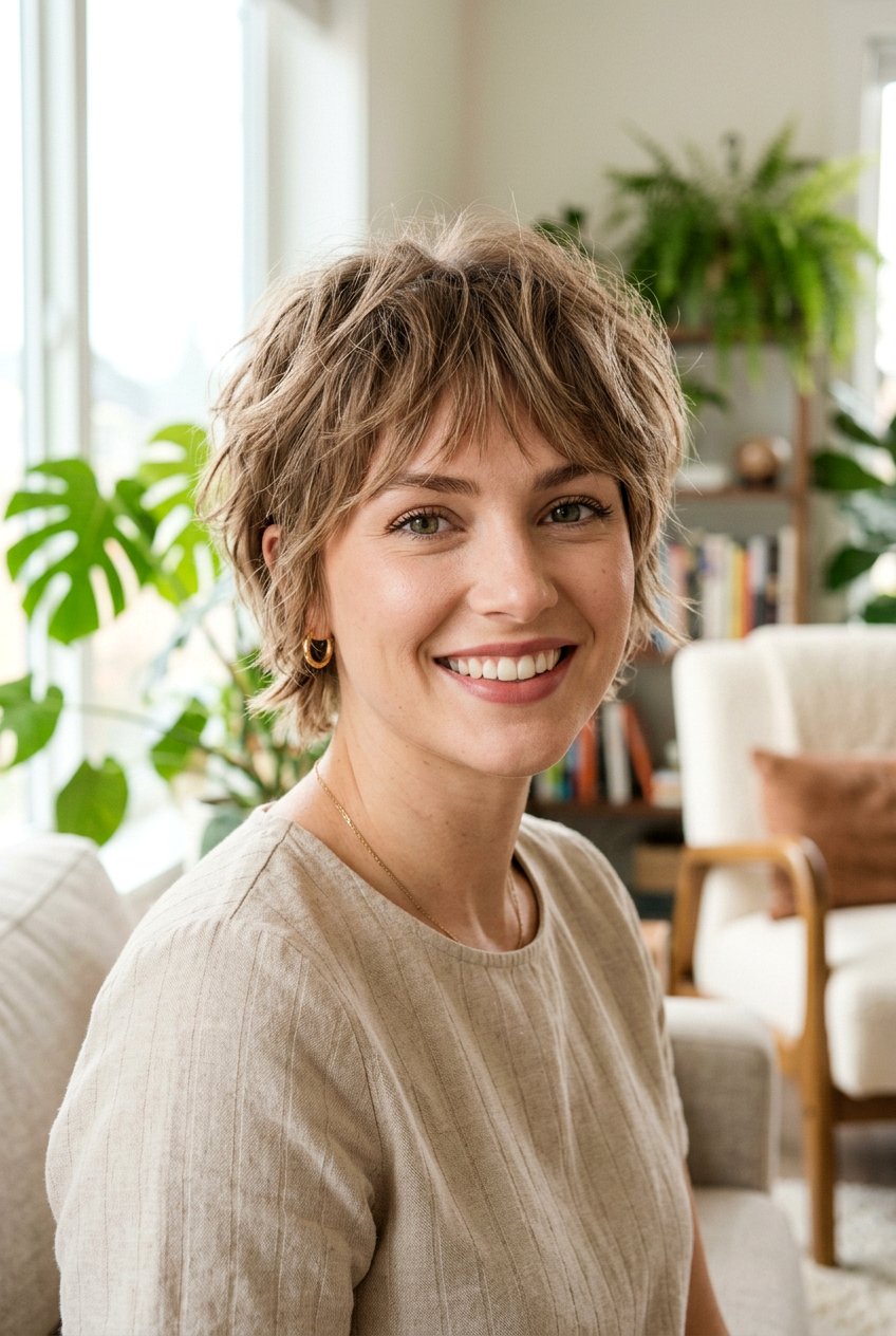 Shaggy pixie with feathered bangs - 20 short hairstyles with bangs - 20 short hairstyles with bangs