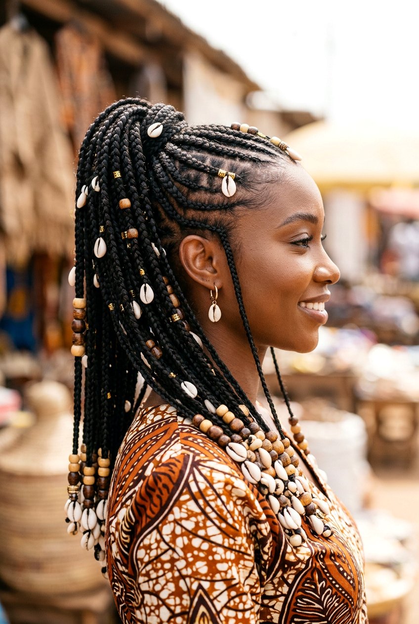 Shells And Beads Fulani Braids Ponytail - 20 fulani braids ponytail with beads - 20 fulani braids ponytail with beads