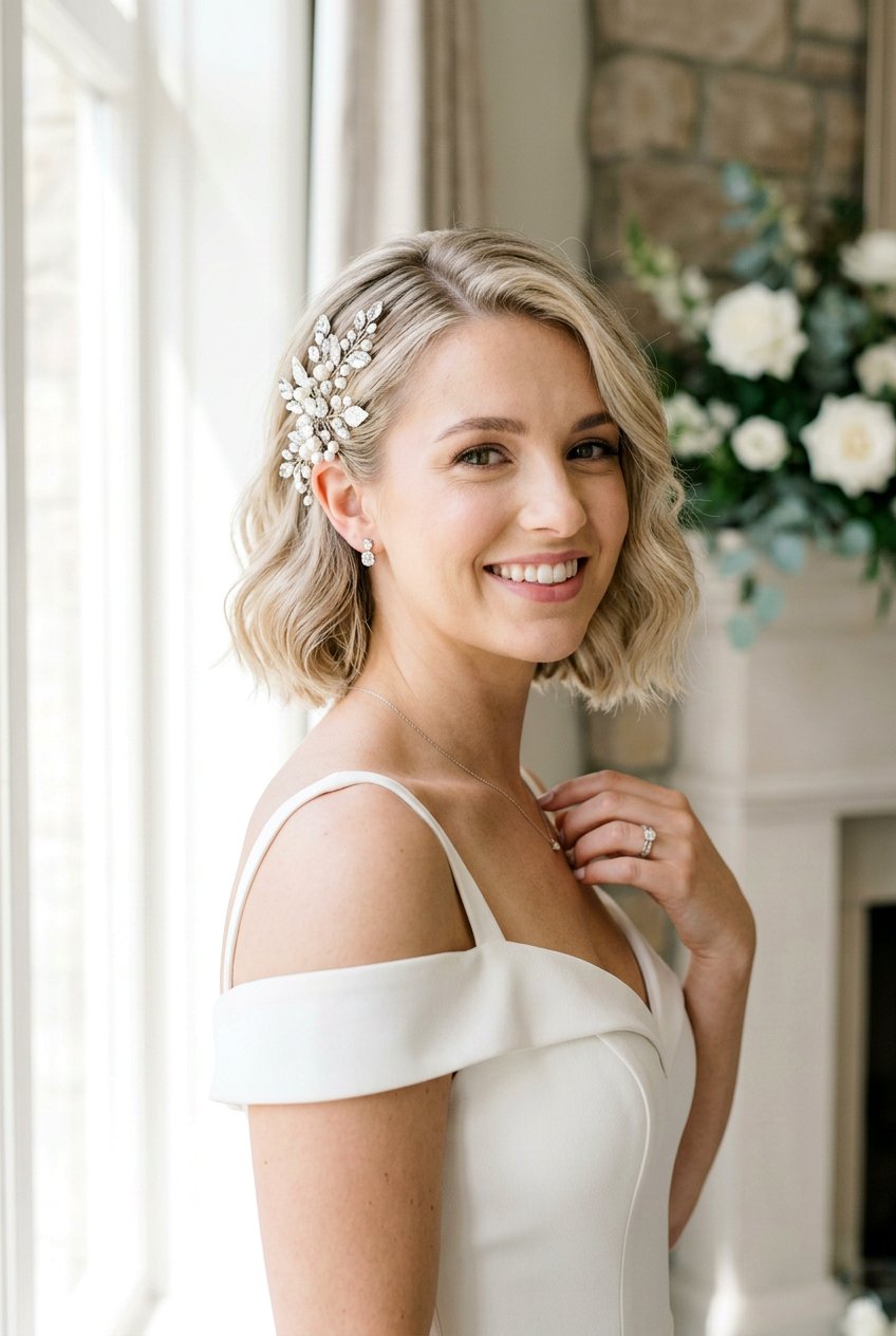 Short Bob Bridal Hair With Crystal Hairpins - 20 crystal hairpin bridal hairstyle - 20 crystal hairpin bridal hairstyle