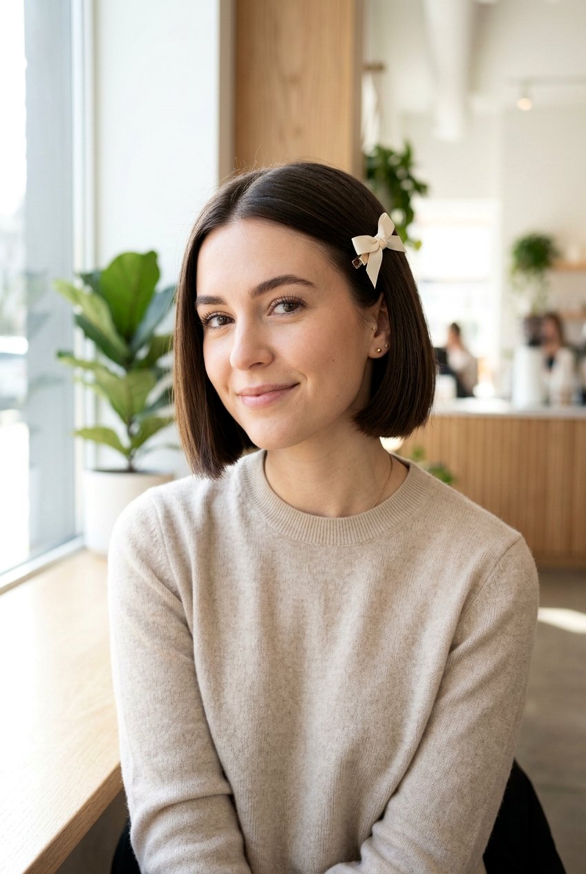 Short Bob Haircut With Small Bow Clip - 20 bow hairstyles for women - 20 bow hairstyles for women