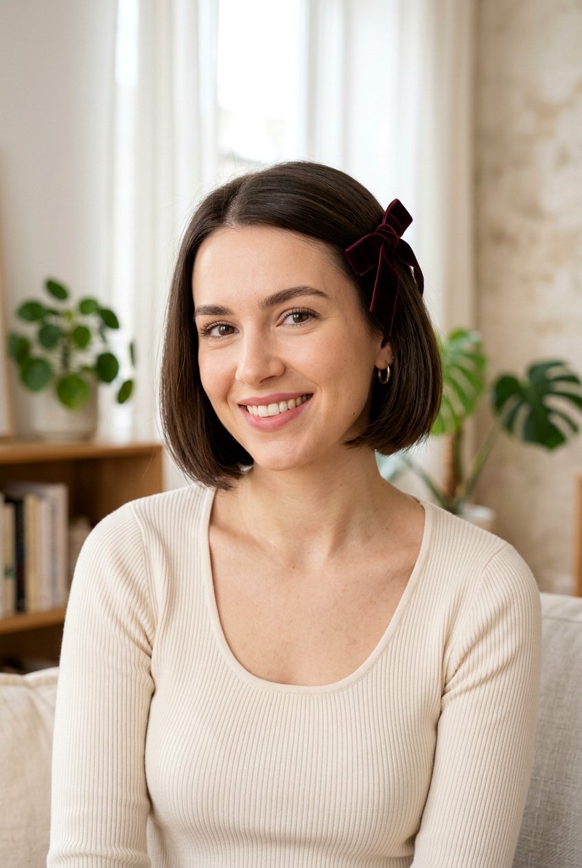 Short Bob With Side Ribbon Clip - 20 coquette ribbon hairstyle - 20 coquette ribbon hairstyle