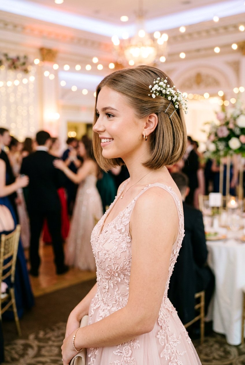 Short Bob with Floral Pins for Prom - 20 prom hairstyles for short hair - 20 prom hairstyles for short hair