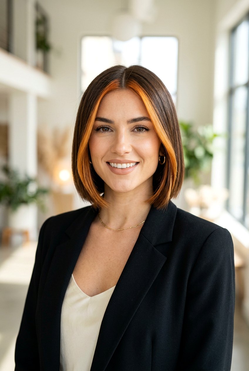 Short Brunette Bob With Copper Money Piece - 20 brunette hair with copper money piece - 20 brunette hair with copper money piece