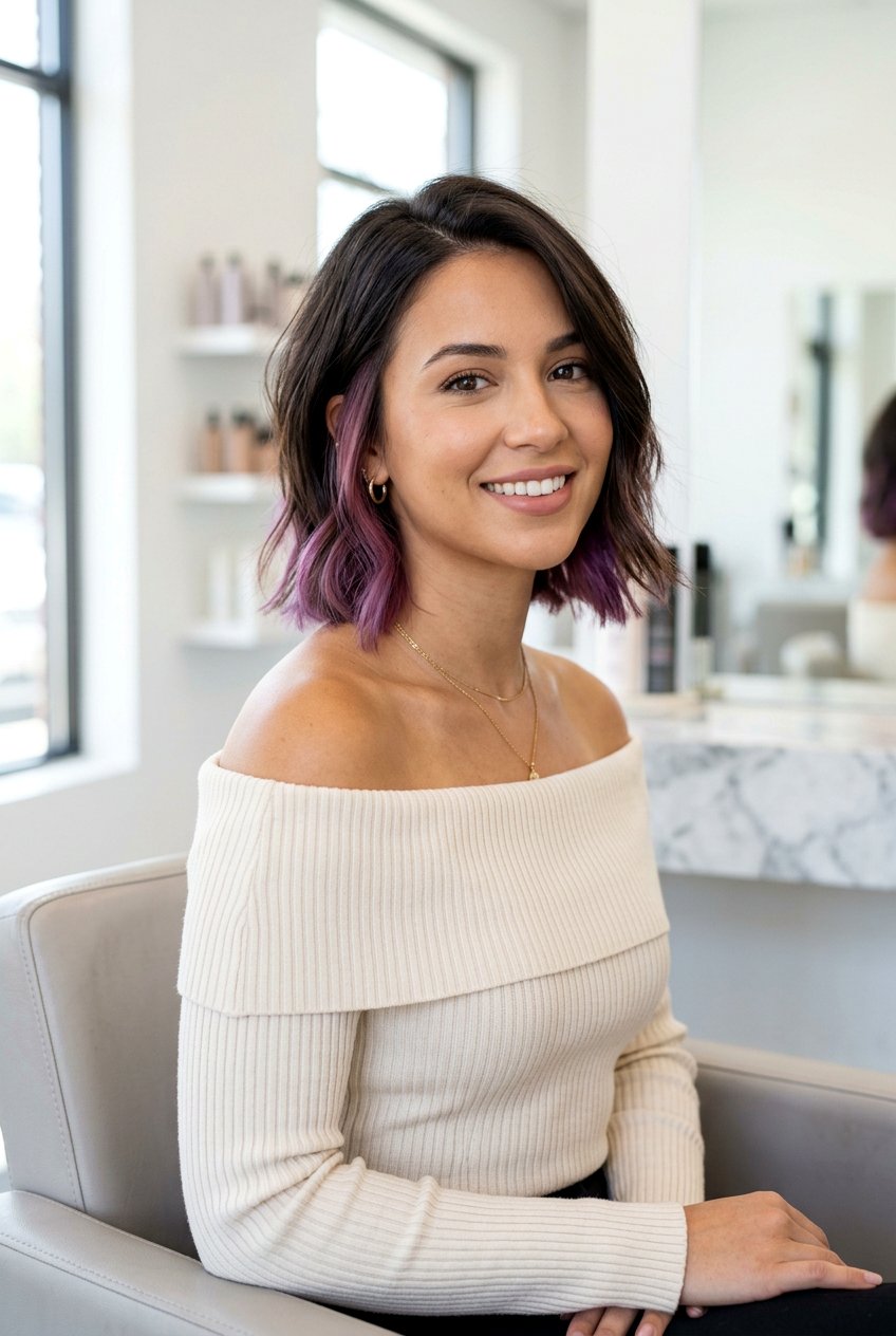 Short Brunette Bob With Mauve Underlights - 20 mauve balayage on brunette hair - 20 mauve balayage on brunette hair