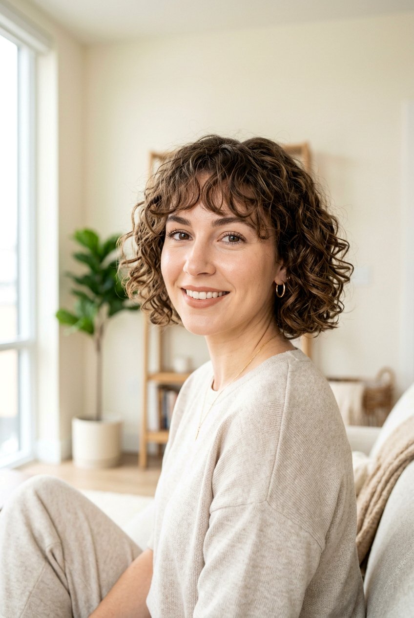Short Curly Bob With Curtain Bangs - 20 curtain bangs for curly hair - 20 curtain bangs for curly hair