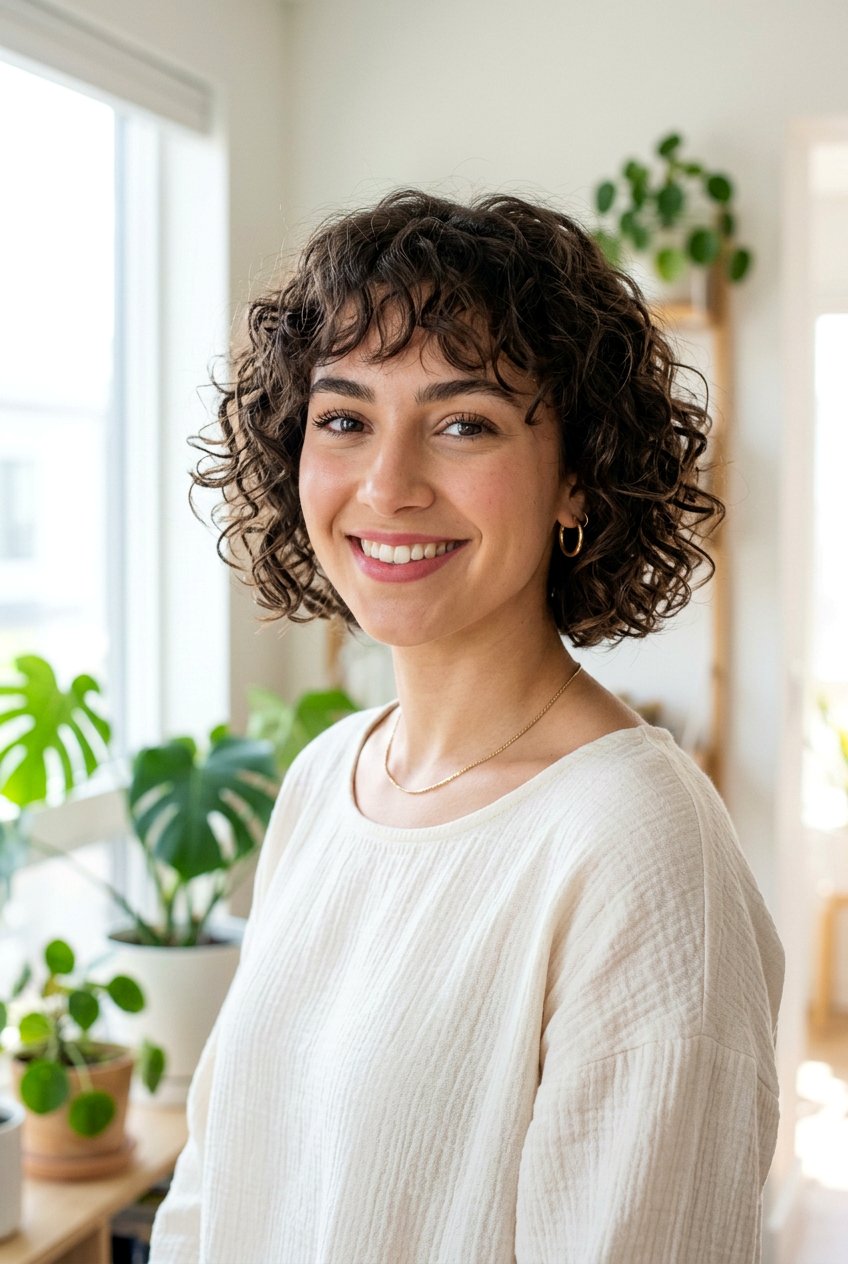 Short Curly Bob With Wispy Fringe - 20 curly fringe haircut women - 20 curly fringe haircut women