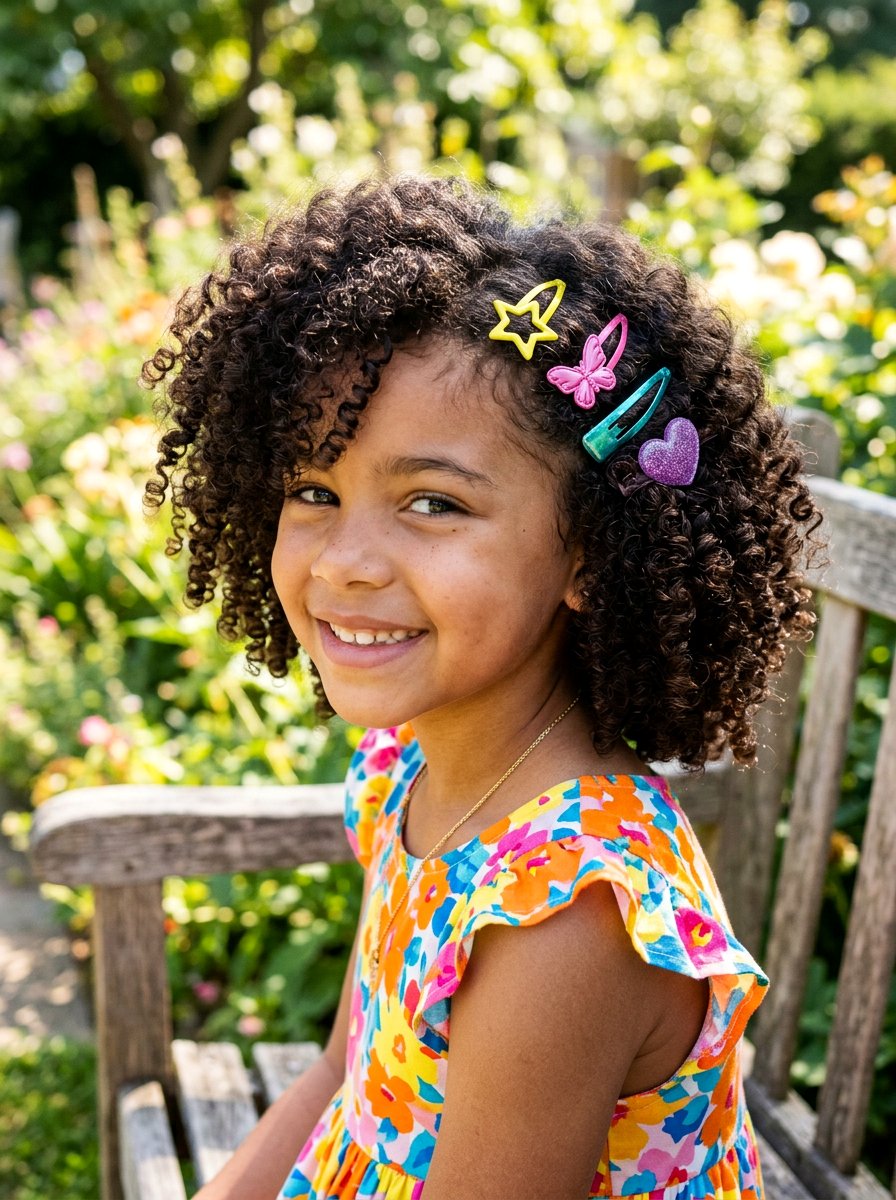 Short Curly Hair With Colorful Barrettes - 20 quick school hairstyle for short curly hair - 20 quick school hairstyle for short curly hair