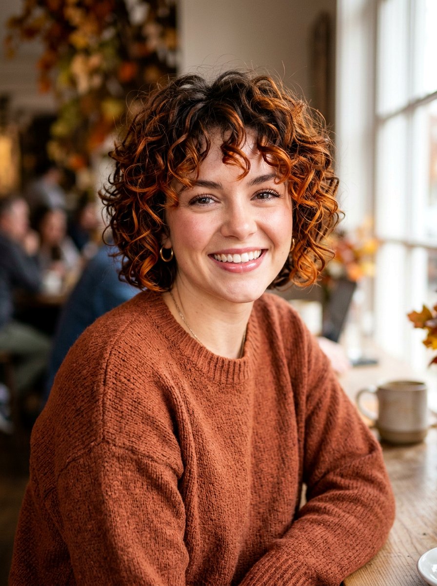 Short Curly Shag With Copper Balayage - 20 copper balayage for curly shag - 20 copper balayage for curly shag