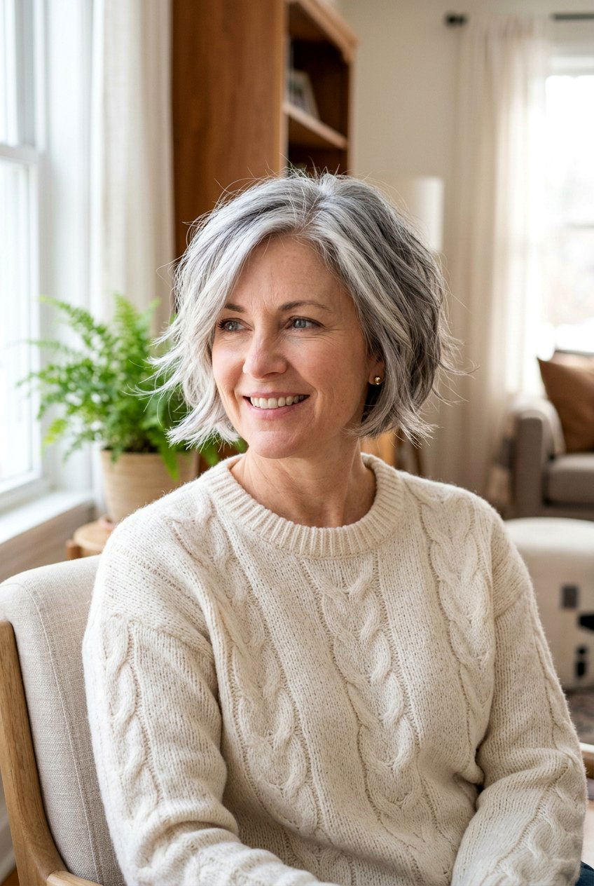 Short Feathered Gray Bob - 20 gray bob with layers for older women - 20 gray bob with layers for older women