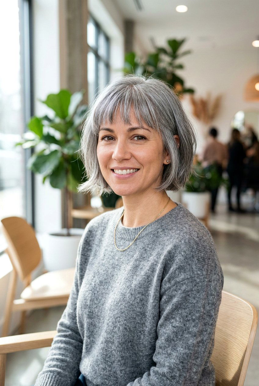 Short Gray Bob with Bangs - 20 mom low maintenance gray bob - 20 mom low maintenance gray bob