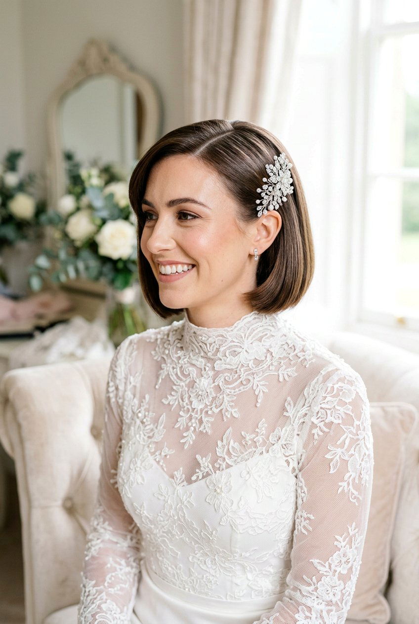 Short Hair With Side Part - 20 bridal hairstyle with crystal comb - 20 bridal hairstyle with crystal comb