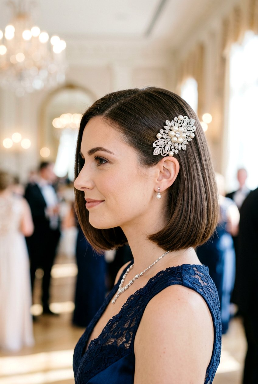 Short Hair with Embellished Hair Comb - 20 wedding guest hairstyles for short hair - 20 wedding guest hairstyles for short hair