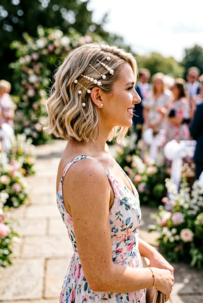 Short Hair with Pearl Embellished Bobby Pins - 20 wedding guest hairstyles for short hair - 20 wedding guest hairstyles for short hair