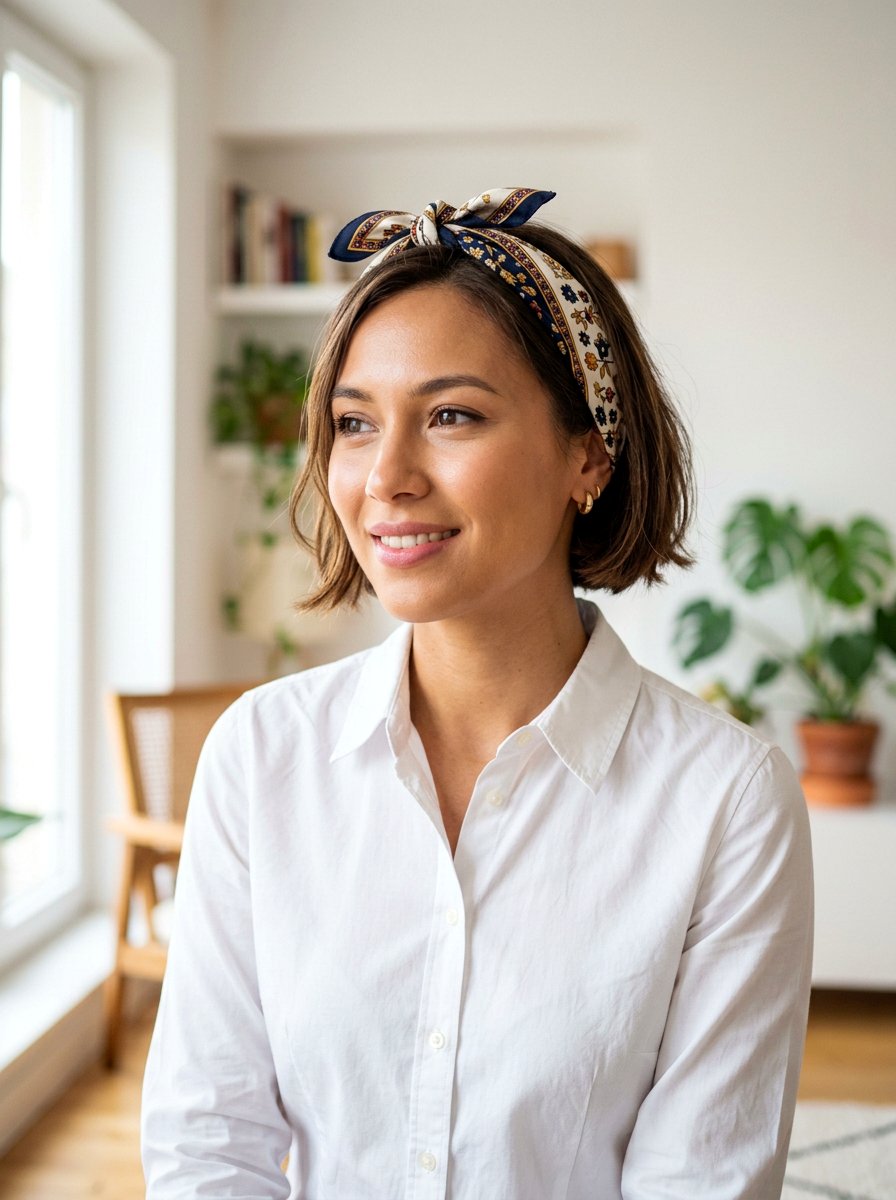 Short Hair with Small Silk Scarf - 20 quick office hairstyle for short hair - 20 quick office hairstyle for short hair
