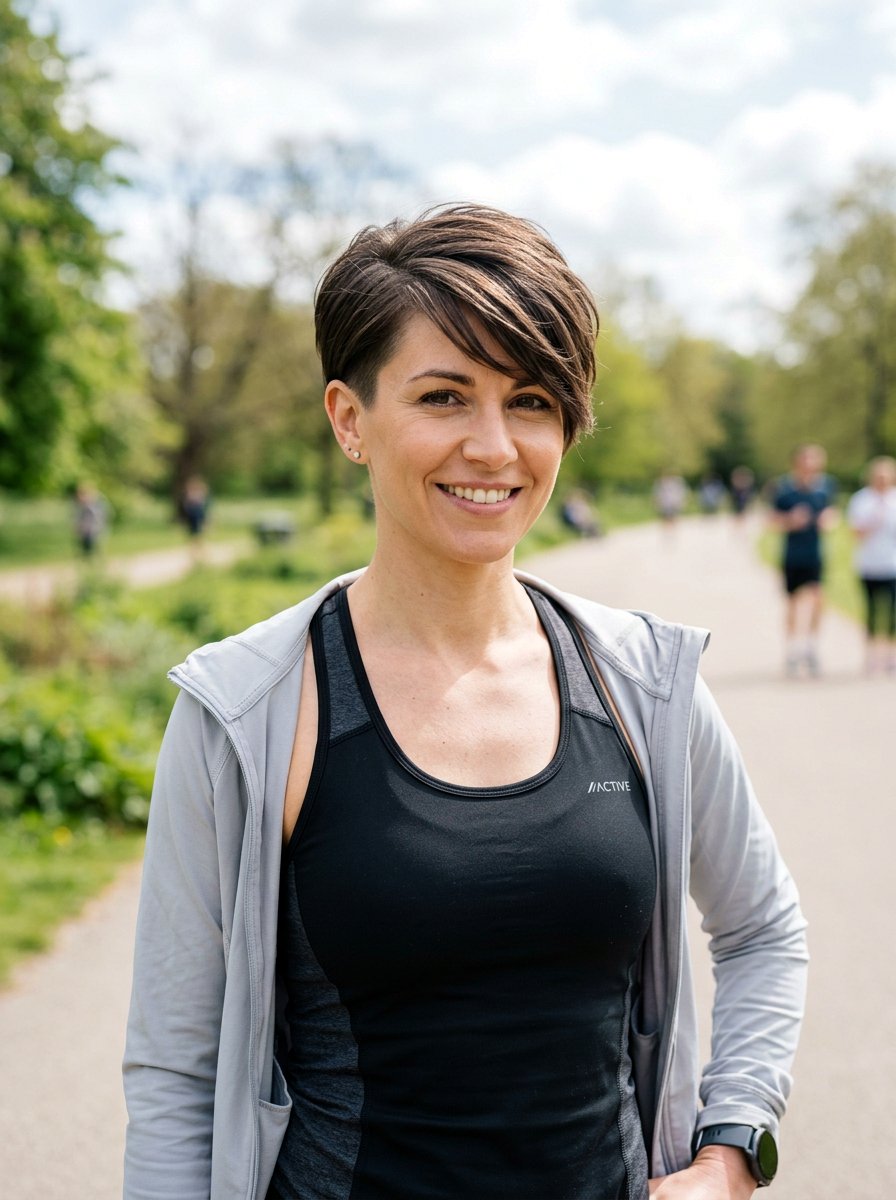 Short Layered Pixie With Side Sweep - 20 layered pixie with side fringe - 20 layered pixie with side fringe