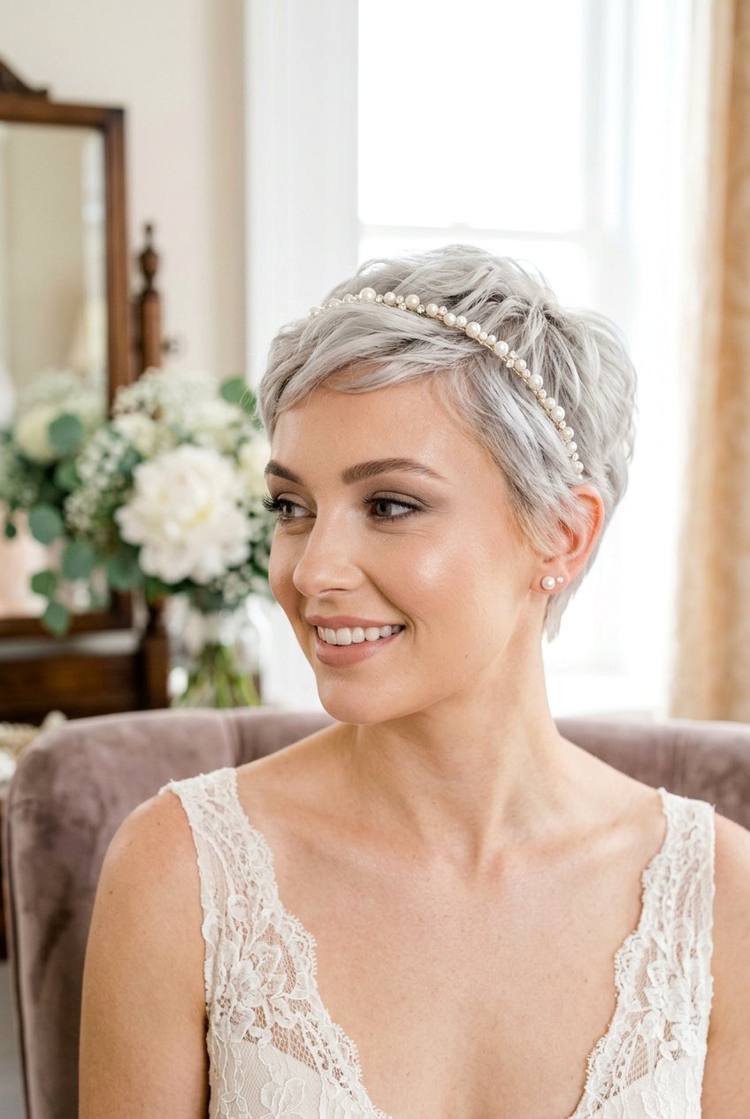 Short Pixie Cut With Pearl Headband - 20 bridal hairstyle with pearl headband - 20 bridal hairstyle with pearl headband