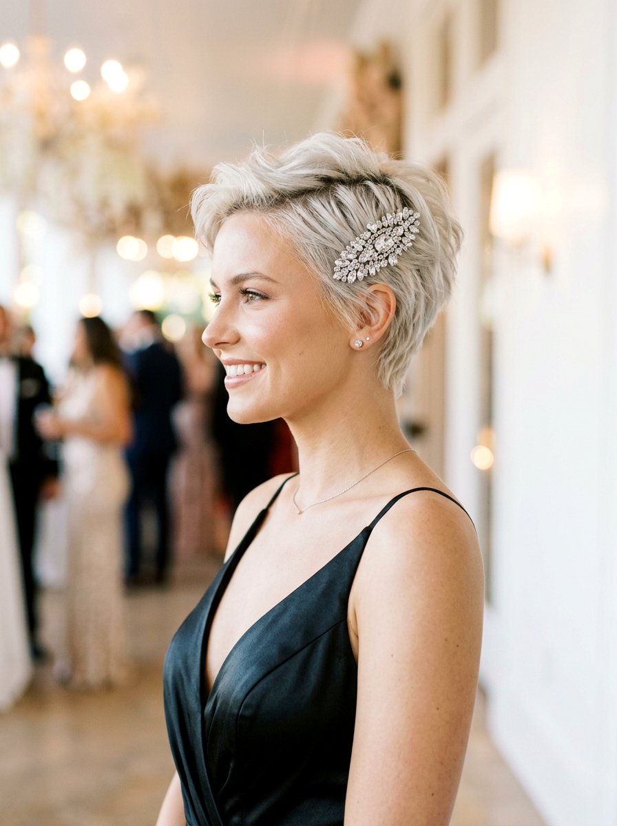 Short Pixie Cut With Rhinestone Barrette - 20 prom hairstyles with rhinestone clips - 20 prom hairstyles with rhinestone clips