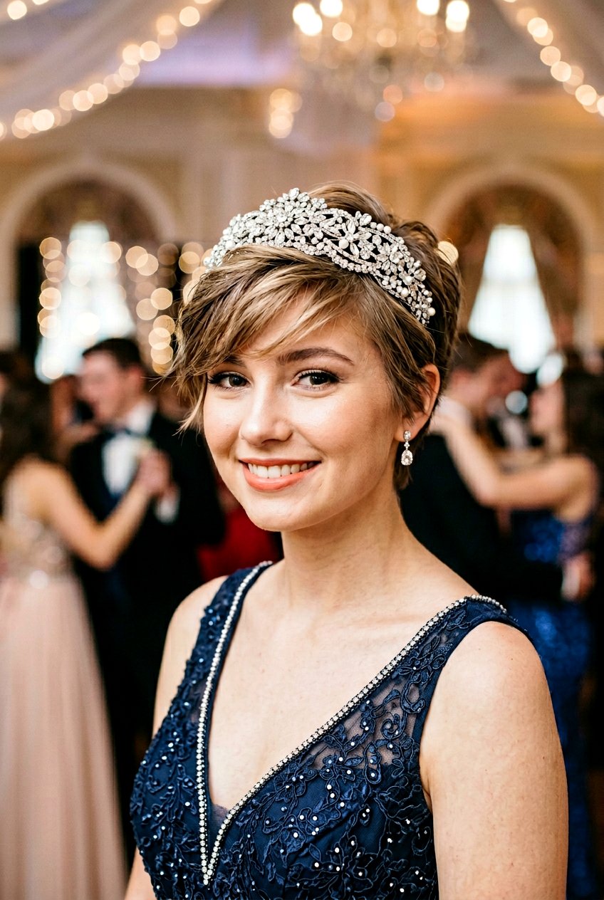 Short Pixie with Embellished Headband for Prom - 20 prom hairstyles for short hair - 20 prom hairstyles for short hair