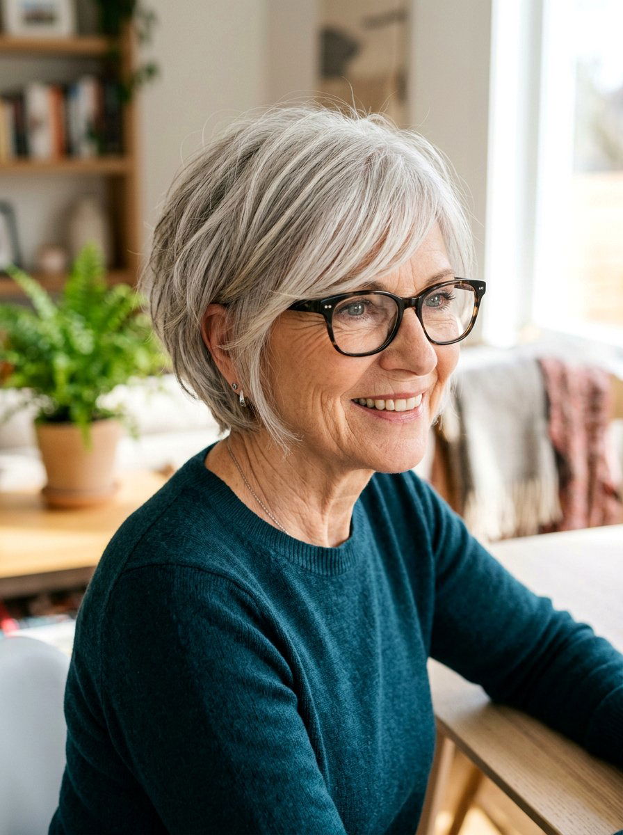 Short Shag with Side Swept Bangs for Glasses - 20 short shag with glasses for older women - 20 short shag with glasses for older women