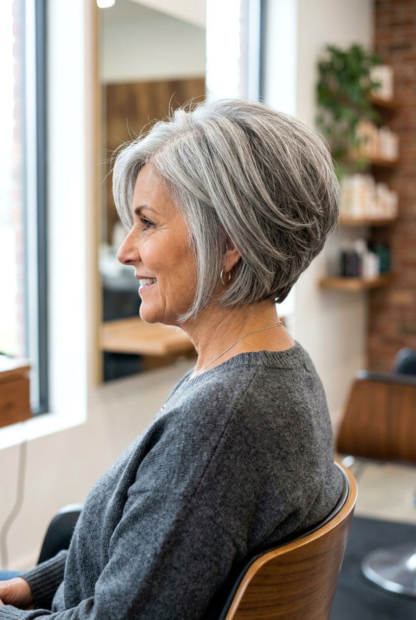 Short Stacked Gray Bob - 20 mom low maintenance gray bob - 20 mom low maintenance gray bob