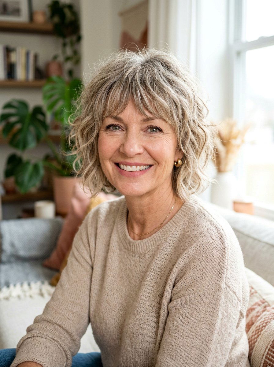 Short Tousled Wavy Shag With Bangs - 20 wavy shag for women over 50 - 20 wavy shag for women over 50