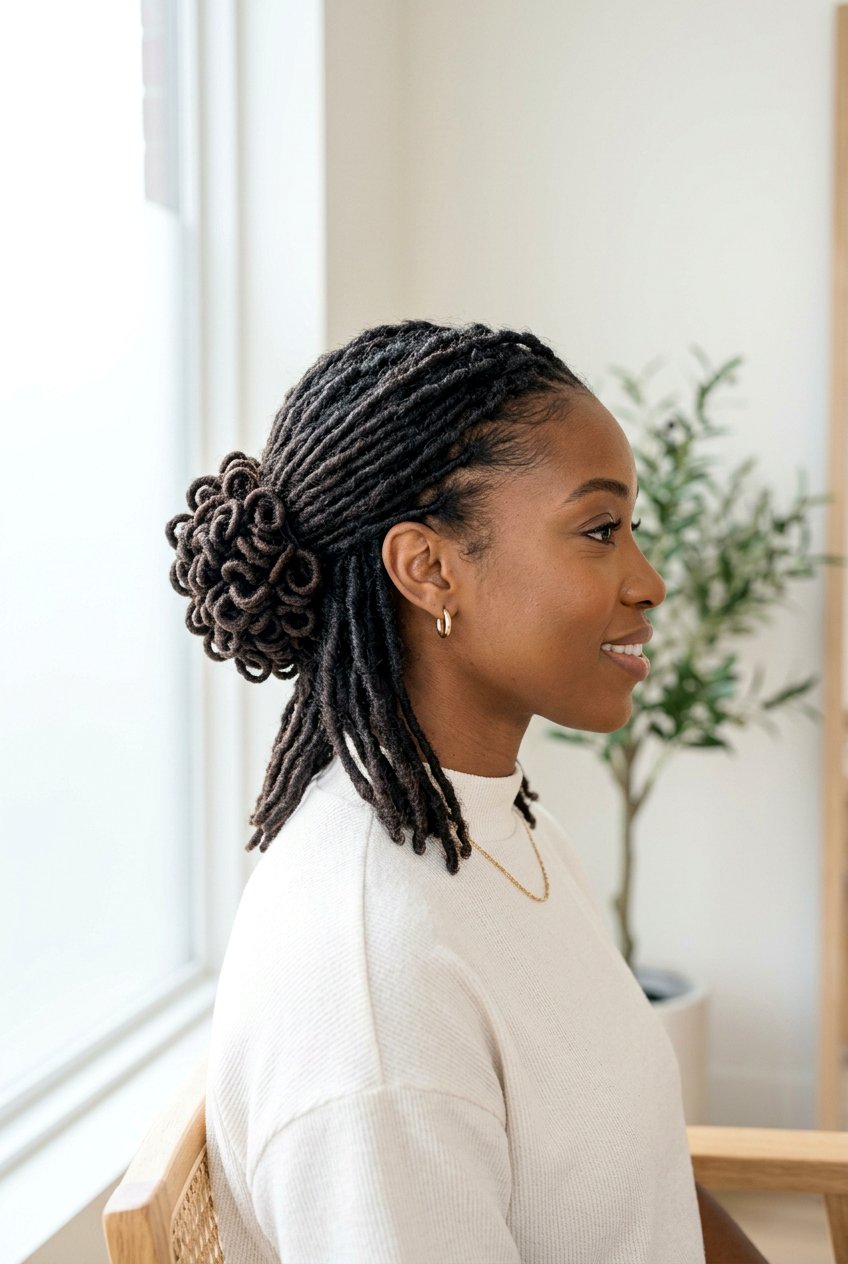 Short loc petal bun - 20 loc petal bun hairstyle - 20 loc petal bun hairstyle