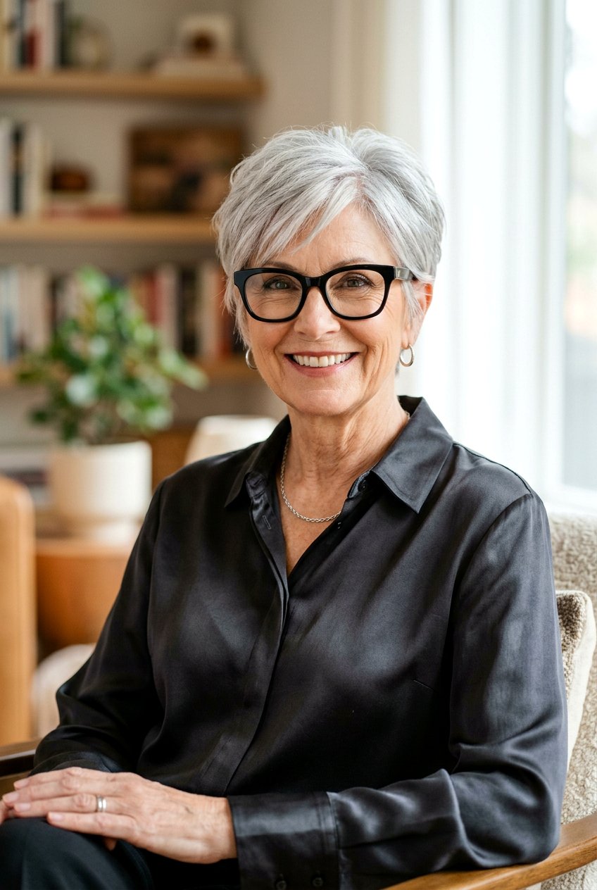 Short silver pixie cut - 20 hairstyles for women with glasses over 60 - 20 hairstyles for women with glasses over 60