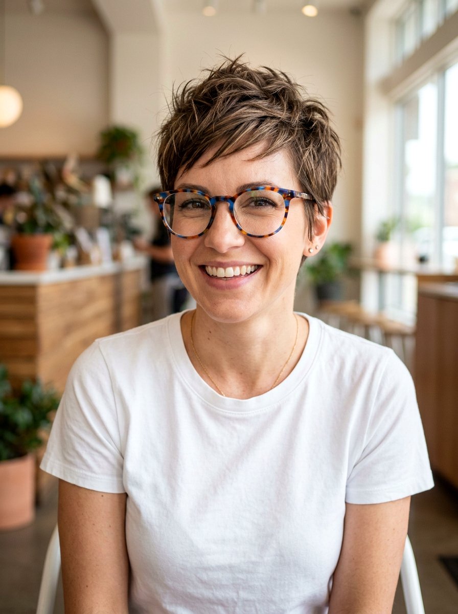 Short textured pixie - 20 pixie haircuts for women with glasses - 20 pixie haircuts for women with glasses