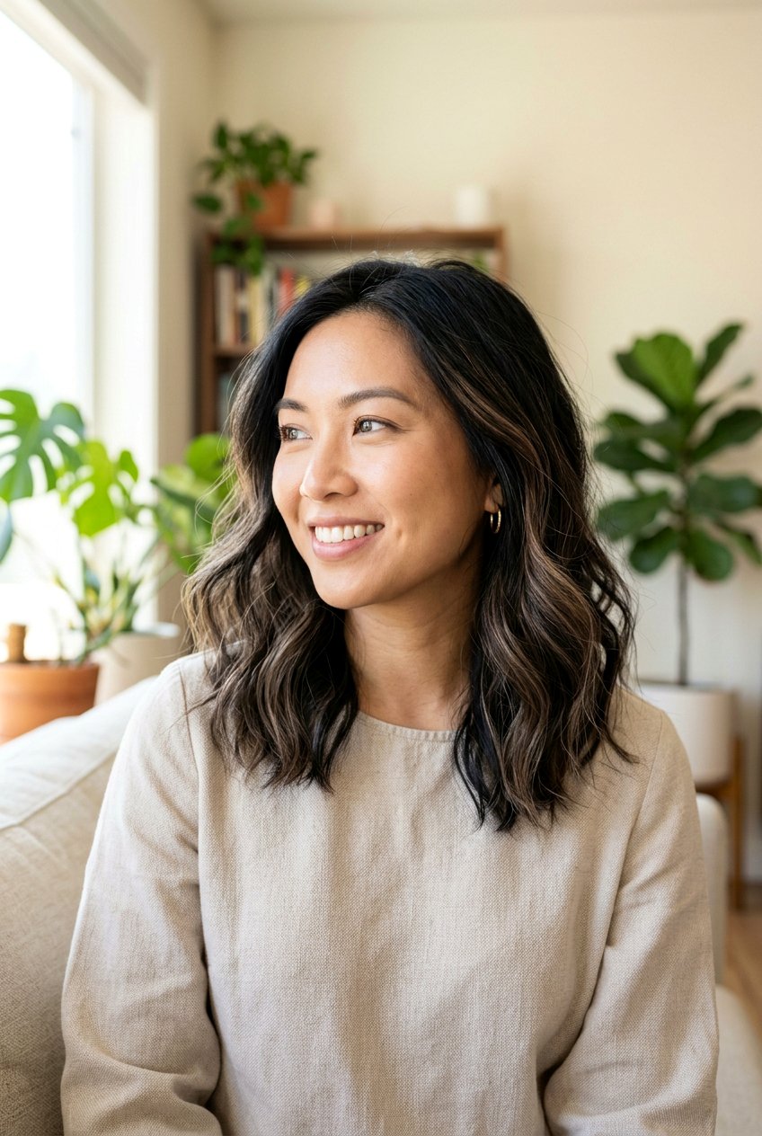 Shoulder Length Black Hair With Soft Mushroom Brown Highlights - 20 black hair with soft brown highlights - 20 black hair with soft brown highlights