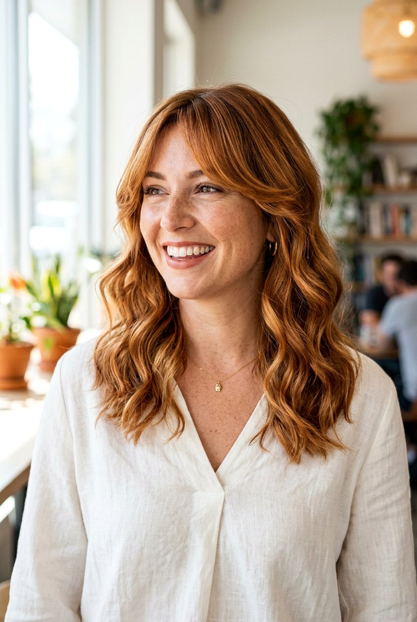 Shoulder Length Copper Balayage With Curtain Bangs - 20 copper balayage for shoulder length hair - 20 copper balayage for shoulder length hair