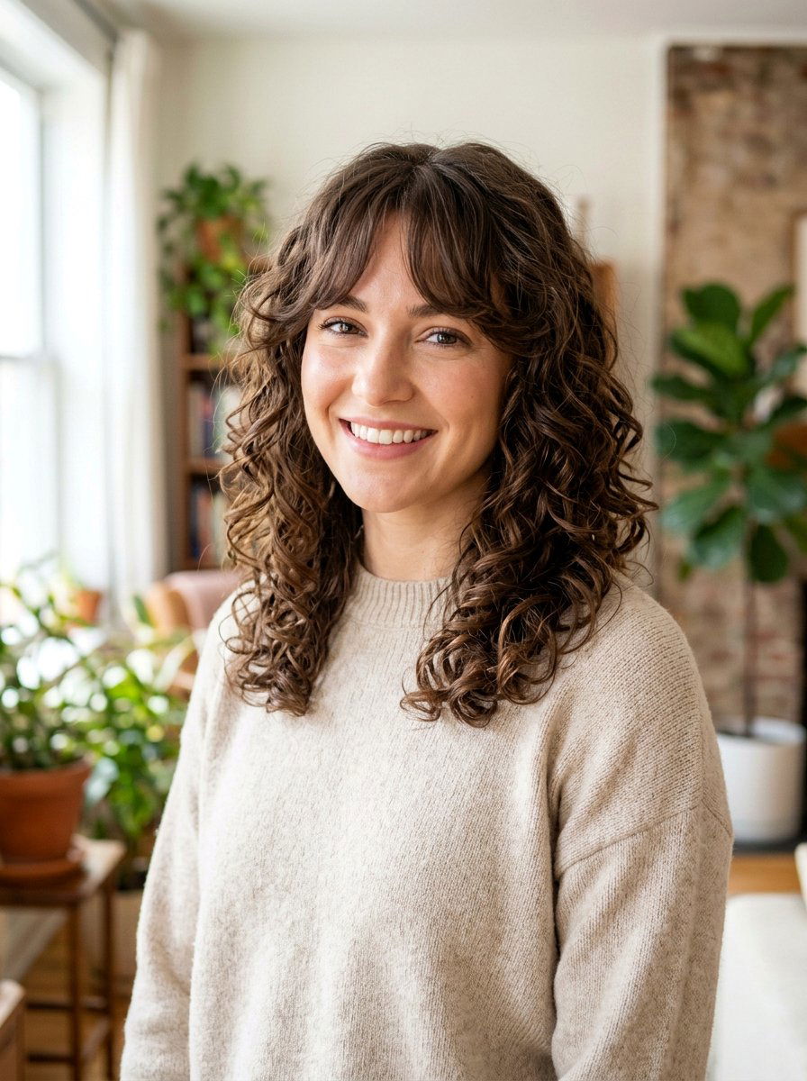 Shoulder Length Curly Layers With Curtain Bangs - 20 shoulder length curly layers haircut - 20 shoulder length curly layers haircut