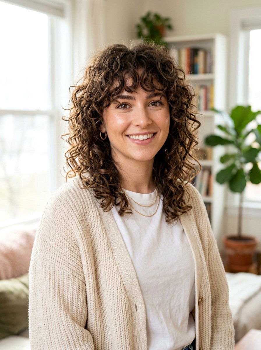 Shoulder Length Curly Shag With Curtain Bangs - 20 shoulder length curly shag haircut - 20 shoulder length curly shag haircut