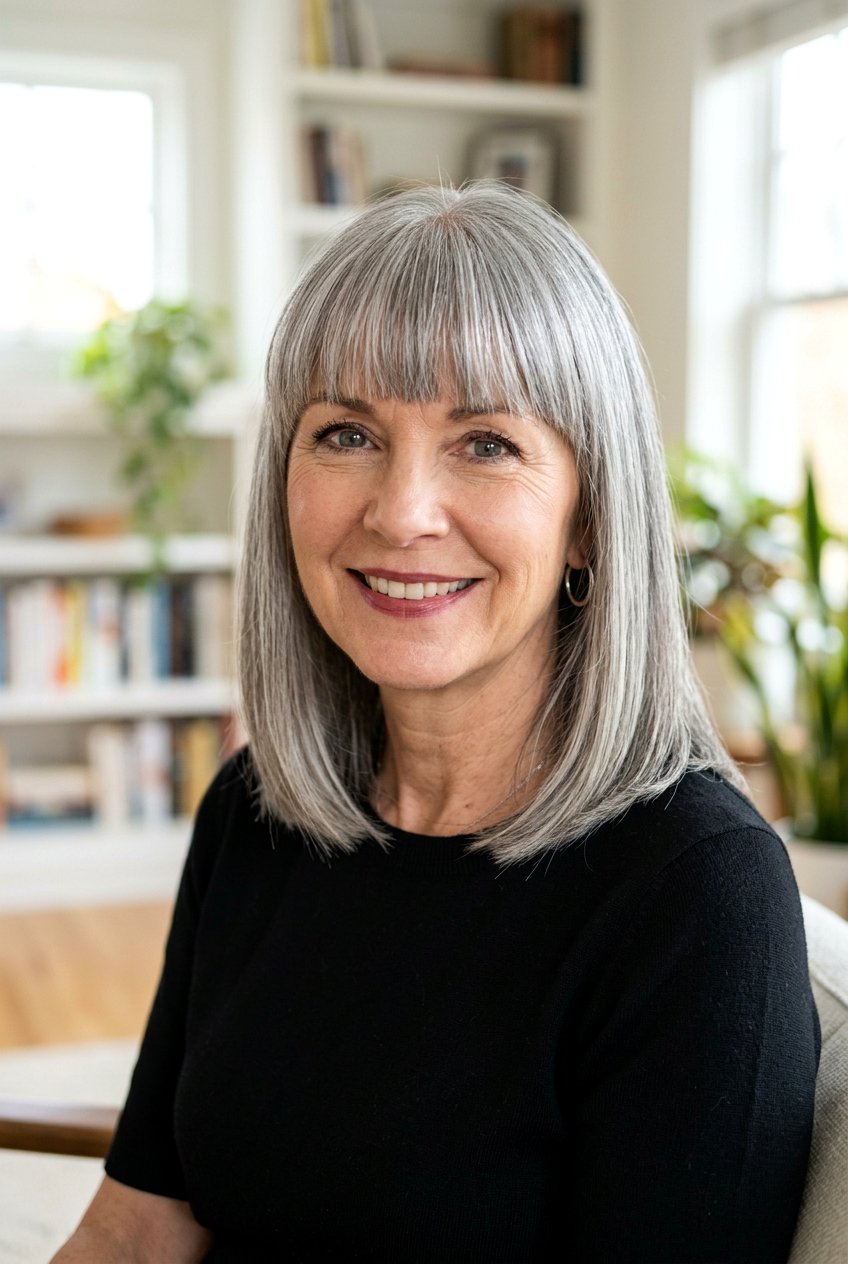 Shoulder Length Cut With Blunt Bangs And Gray Hair - 20 medium haircut for women over 50 with bangs - 20 medium haircut for women over 50 with bangs