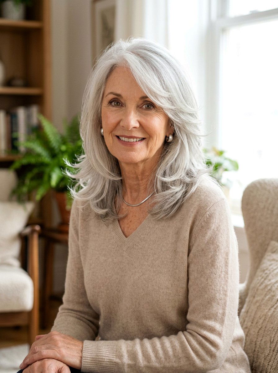 Shoulder Length Feathered Cut - 20 silver feathered haircut for older women - 20 silver feathered haircut for older women