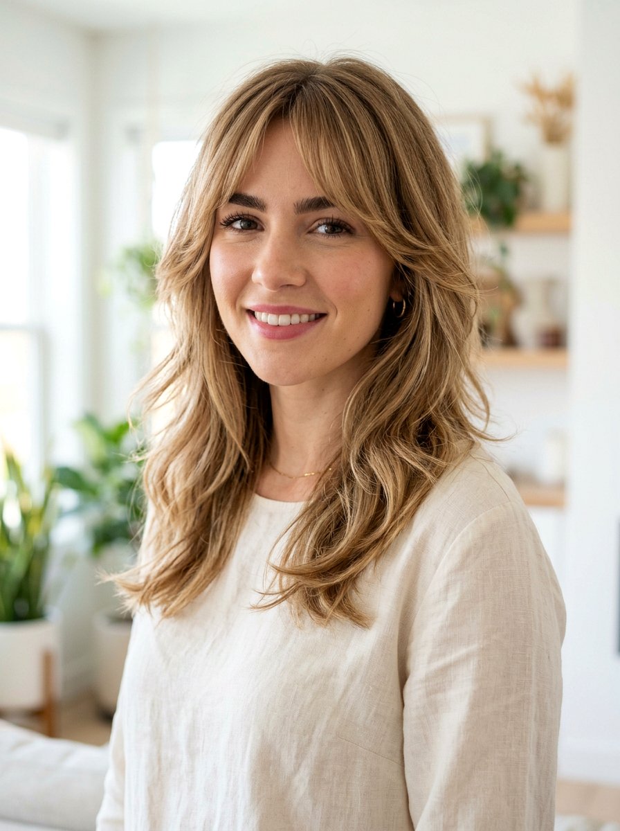 Shoulder Length Feathered Cut With Curtain Bangs - 20 shoulder length haircut with feathered ends - 20 shoulder length haircut with feathered ends