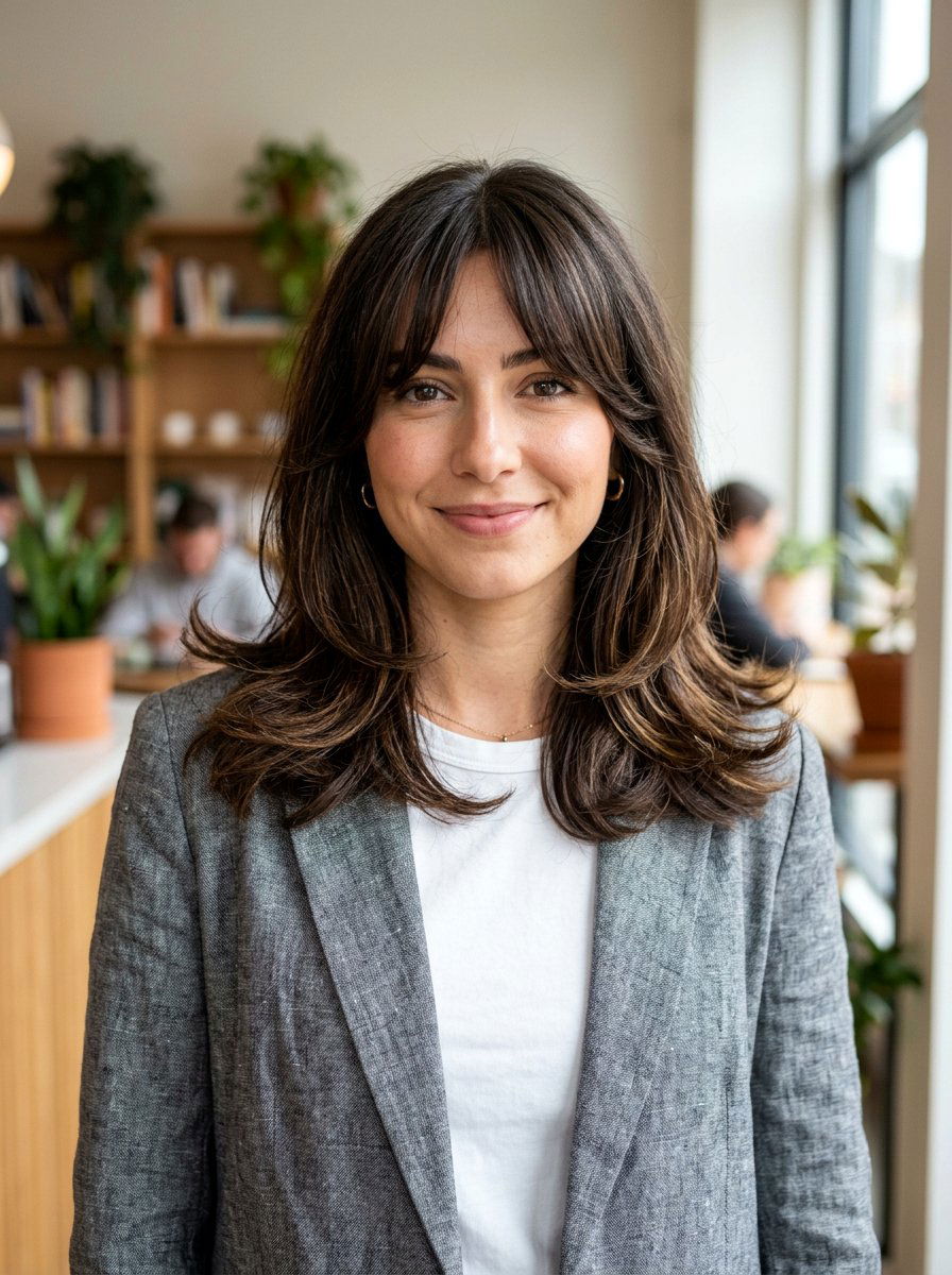 Shoulder Length Flip With Curtain Bangs - 20 office hairstyle for women with bangs - 20 office hairstyle for women with bangs