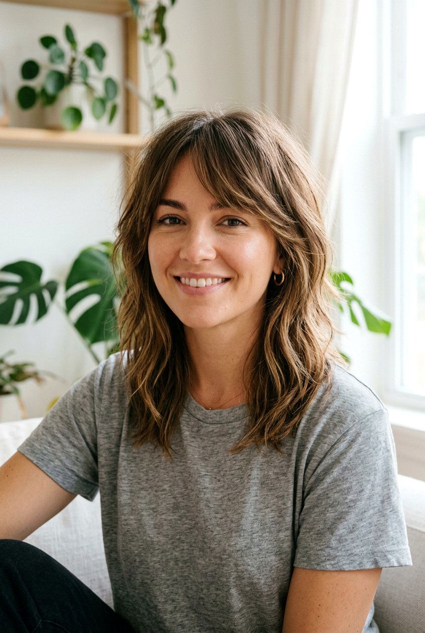 Shoulder Length Shag With Long Side Bangs - 20 medium haircut for oval face women - 20 medium haircut for oval face women